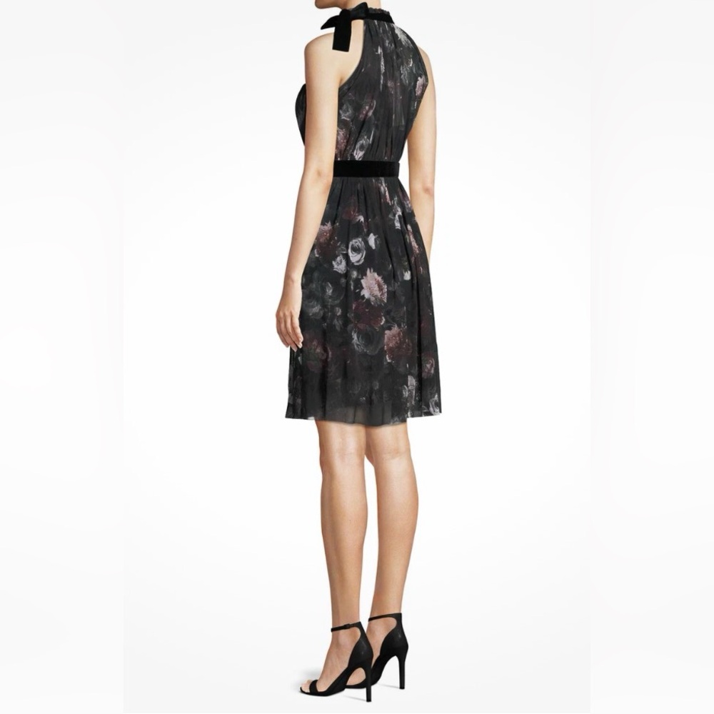 Fuzzi Dark Floral Mesh Halter Dress Black Velvet Waist Trim Size S - Picture 3 of 8